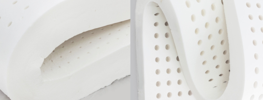 Flexibler Matratzenkern aus Naturlatex mit Lochperforation zur Veranschaulichung der Punktelastizität und Atmungsaktivität.