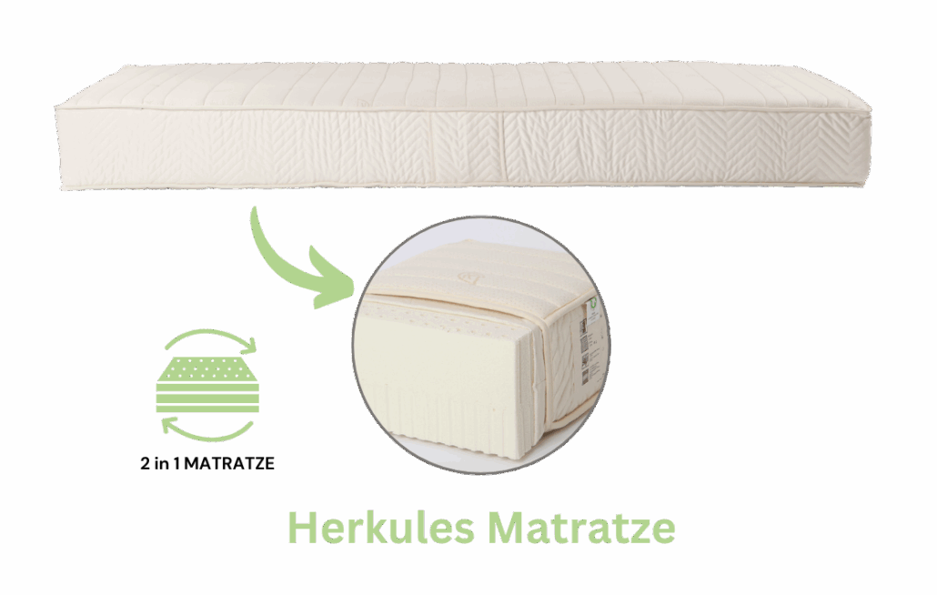 Herkules Matratze aus GOLS-zertifiziertem 7-Zonen-Naturlatex – kombiniert weiche und mittelfeste Schichten für stabile Körperunterstützung und langlebigen Komfort.