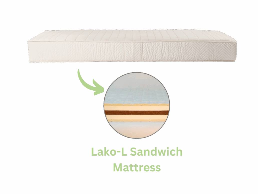 Lako L mattress made of GOLS-certified natural latex and rubberized coir – durable, orthopedic sandwich mattress for firm sleeping comfort.