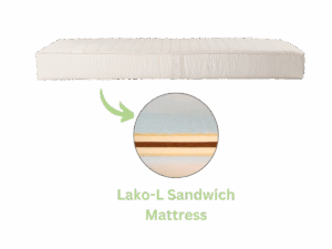 Lako L mattress made of GOLS-certified natural latex and rubberized coir – durable, orthopedic sandwich mattress for firm sleeping comfort.