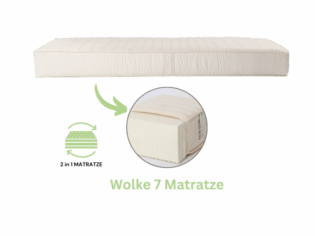 Wolke 7 2 in 1 Mattress 1200x1200 PX DE Wolke 7 Matratze aus mehrschichtigem GOLS-zertifiziertem Naturlatex – komfortable 7-Zonen-Matratze mit verschiedenen Härtegraden für optimalen Schlafkomfort.