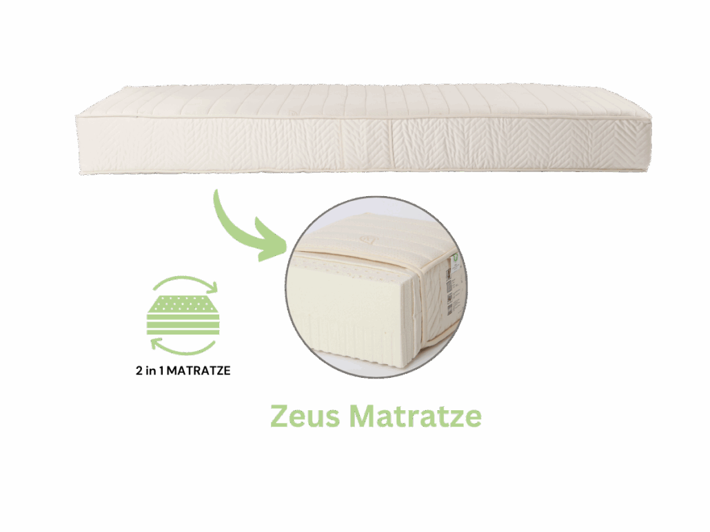 Zeus 2in1 Mattress 1200x1200 PX DE Zeus Matratze aus GOLS-zertifiziertem Naturlatex – 7-Zonen-Komfort mit mittelfesten bis festen Härtegraden, ideal für ergonomisches und nachhaltiges Liegen.