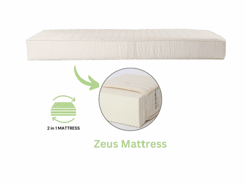 Zeus mattress made of GOLS-certified natural latex – 7-zone comfort with medium-firm to firm density, ideal for ergonomic and sustainable sleeping.